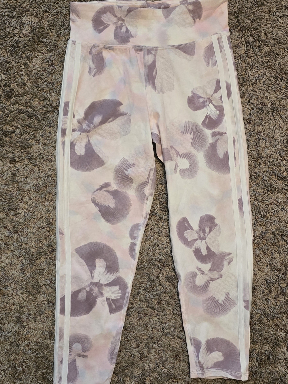 Adidas Pink and Lavender Floral Girls Leggings with White Stripes